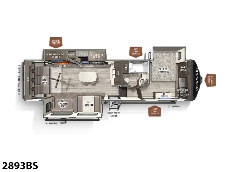 Floor plan of the RV with dinette, living area, kitchen, bathroom and bedroom.