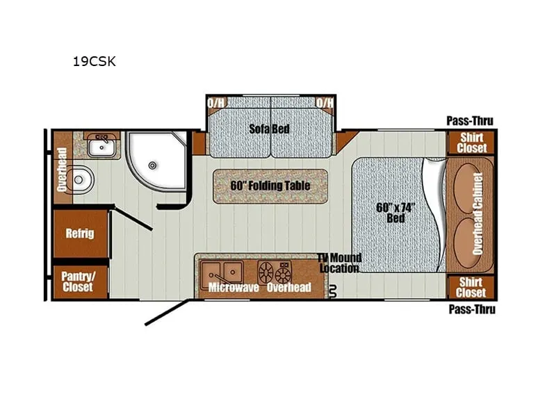 Floor plan of the RV with dinette, living area, kitchen, bathroom and bedroom.