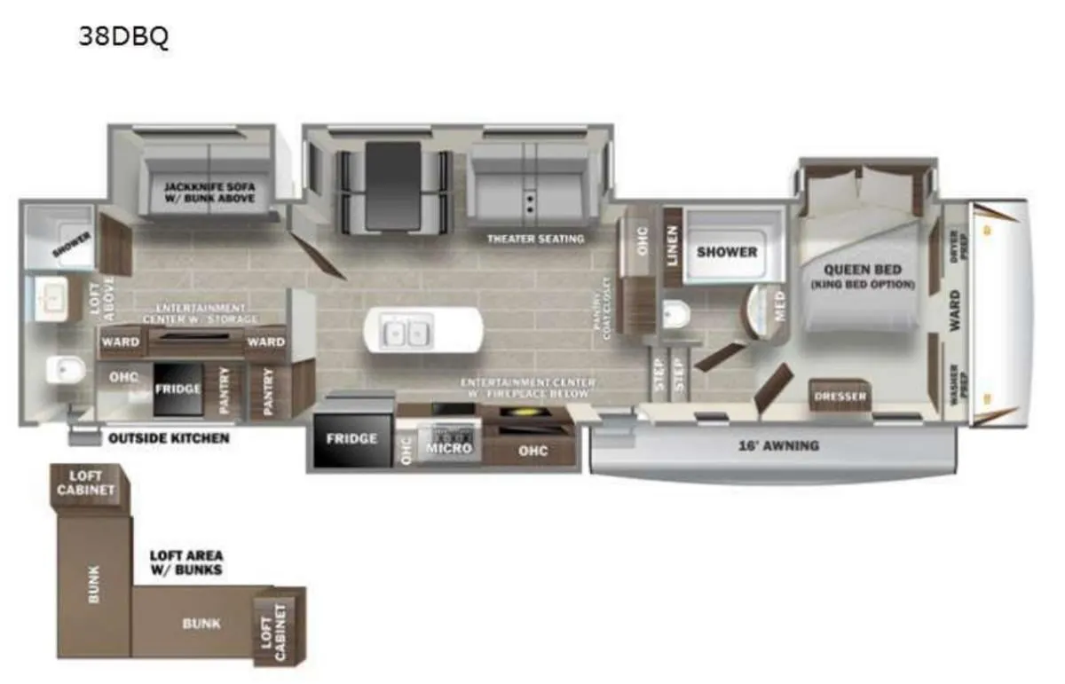 Floor plan of the RV with dinette, living area, kitchen, bathroom and bedroom.