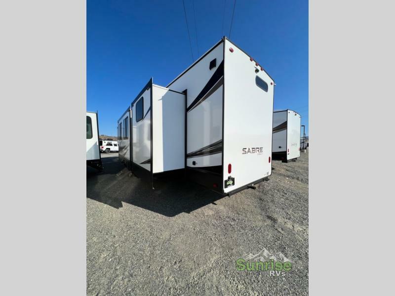 Rear view of the New 2022 Forest River Rv Sabre 38DBQ Fifth Wheel RV.