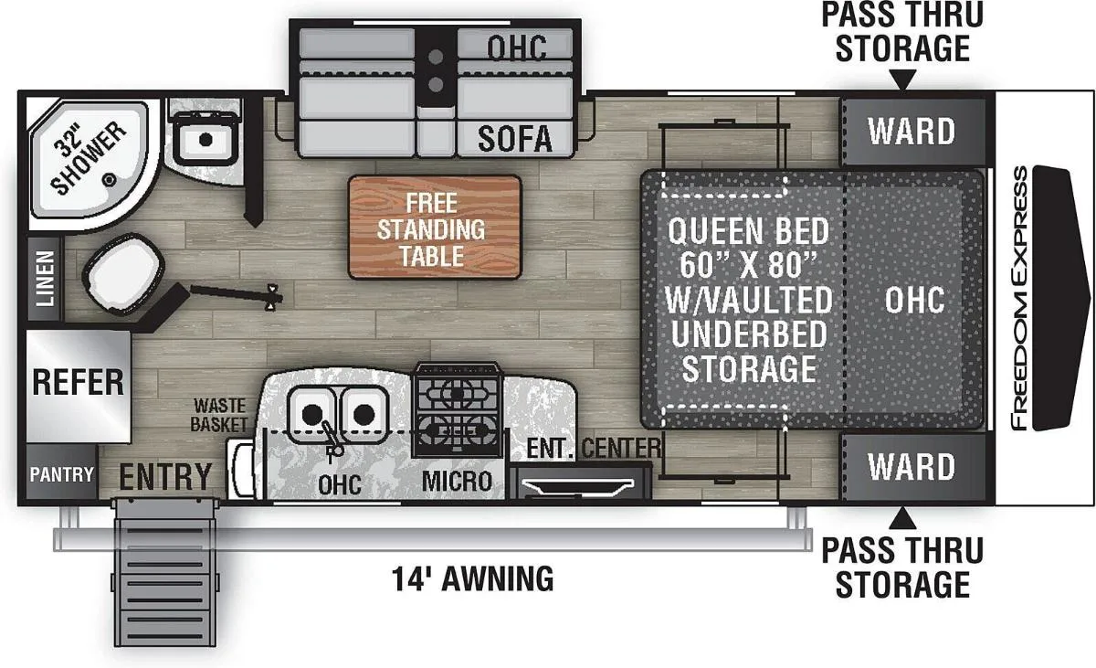 Floor plan of the RV with dinette, living area, kitchen, bathroom and bedroom.