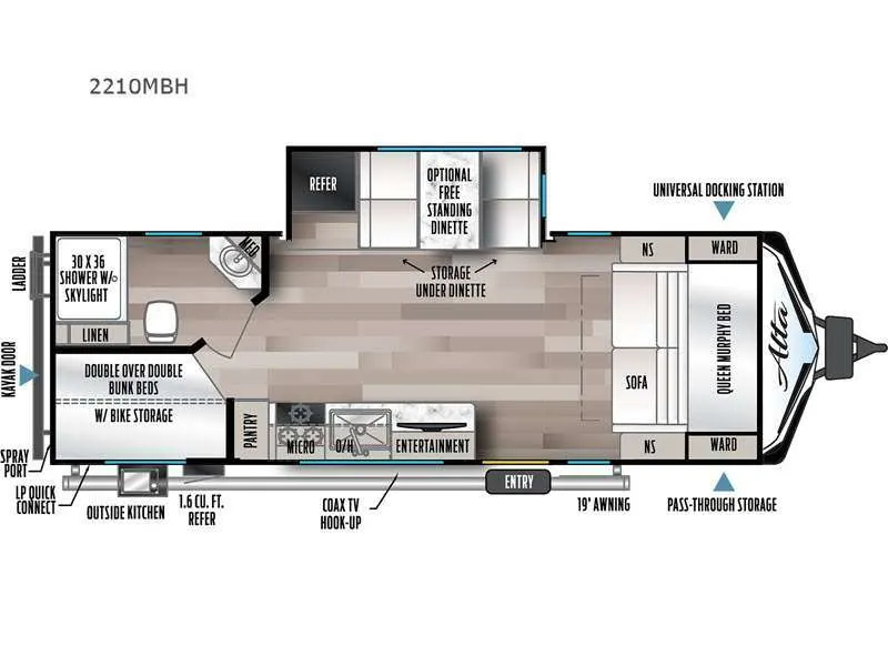 Floor plan of the RV with dinette, living area, kitchen, bathroom and bedroom.