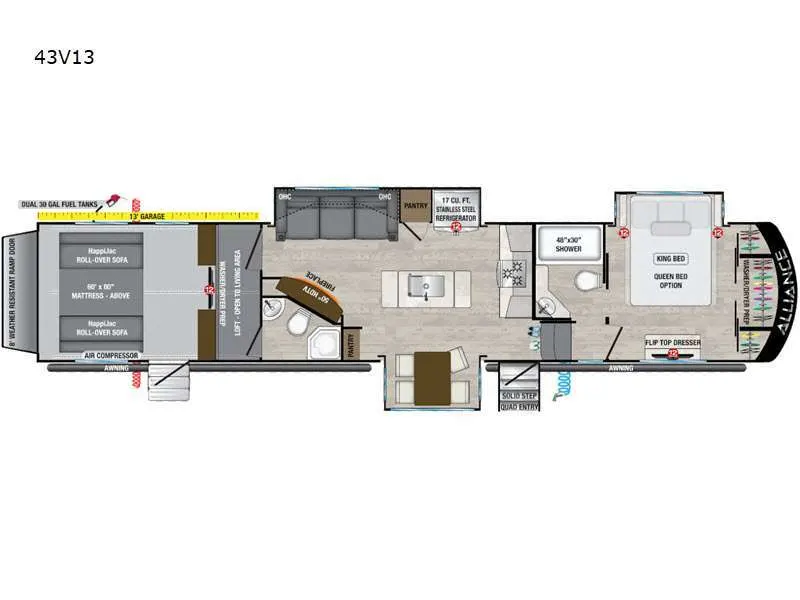 Floor plan of the RV with dinette, living area, kitchen, bathroom and bedroom.