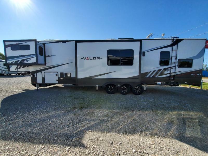 Side view of the New 2022 Alliance Rv Valor 43V13 Fifth Wheel Toy Hauler RV.