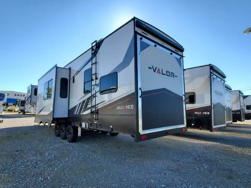 Rear view of the New 2022 Alliance Rv Valor 43V13 Fifth Wheel Toy Hauler RV.