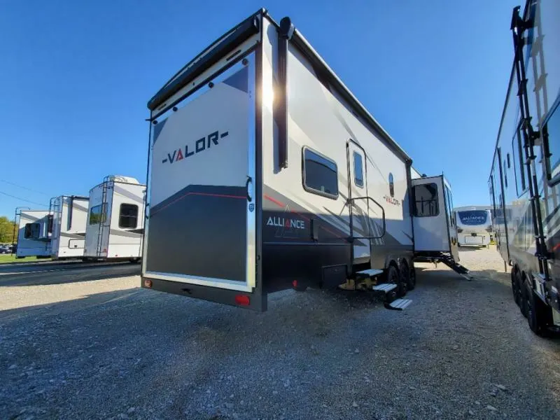 Rear view of the New 2022 Alliance Rv Valor 43V13 Fifth Wheel Toy Hauler RV.