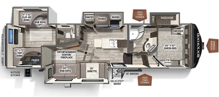 Floor plan of the RV with dinette, living area, kitchen, bathroom and bedroom.