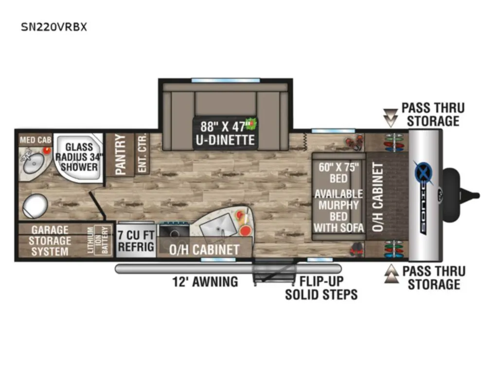 Floor plan of the New 2023 Venture Rv Sonic X SN220VRBX Travel Trailer RV with dinette, living area, kitchen, bathroom and bedroom.