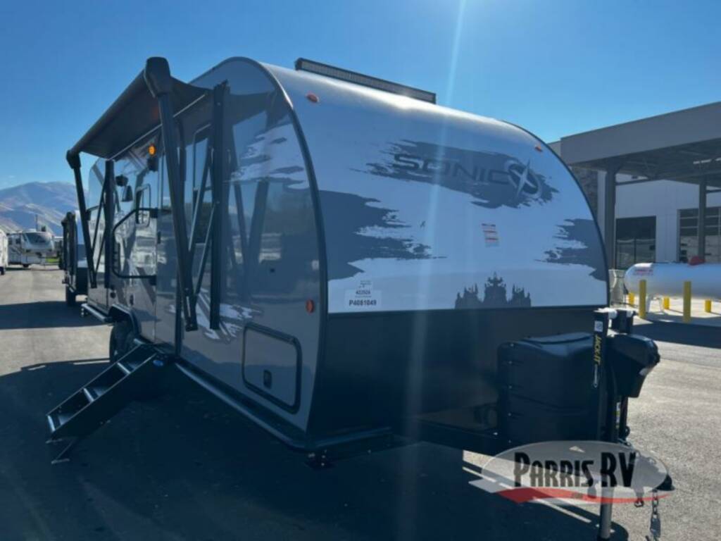 Front view of the New 2023 Venture Rv Sonic X SN220VRBX Travel Trailer RV.