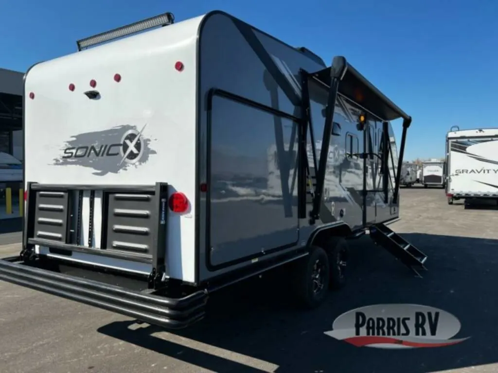 Rear view of the New 2023 Venture Rv Sonic X SN220VRBX Travel Trailer RV.