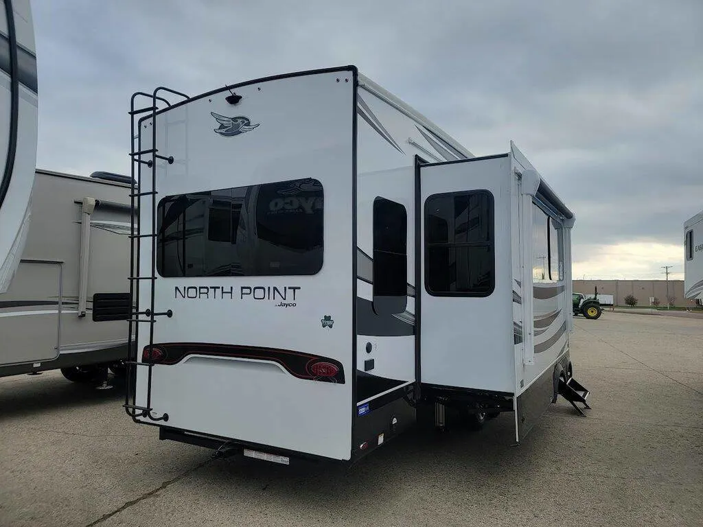 Rear view of the New 2023 Jayco NORTH POINT 310RLTS Fifth Wheel RV.