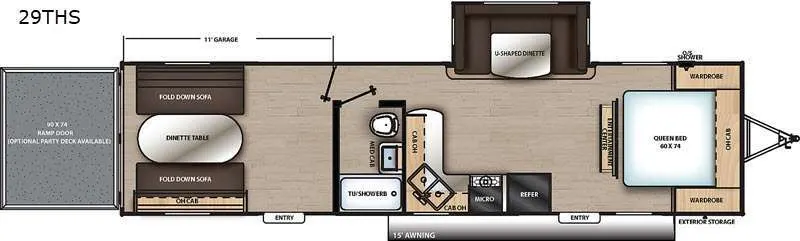 Floor plan of the RV with dinette, living area, kitchen, bathroom and bedroom.