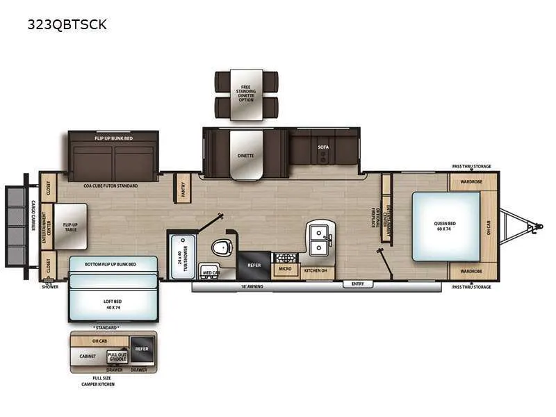 Floor plan of the RV with dinette, living area, kitchen, bathroom and bedroom.