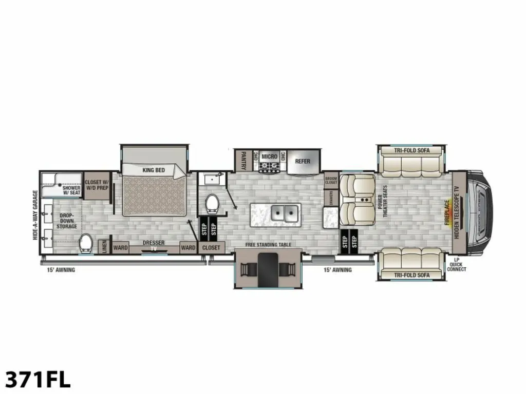 Floor plan of the RV with dinette, living area, kitchen, bathroom and bedroom.