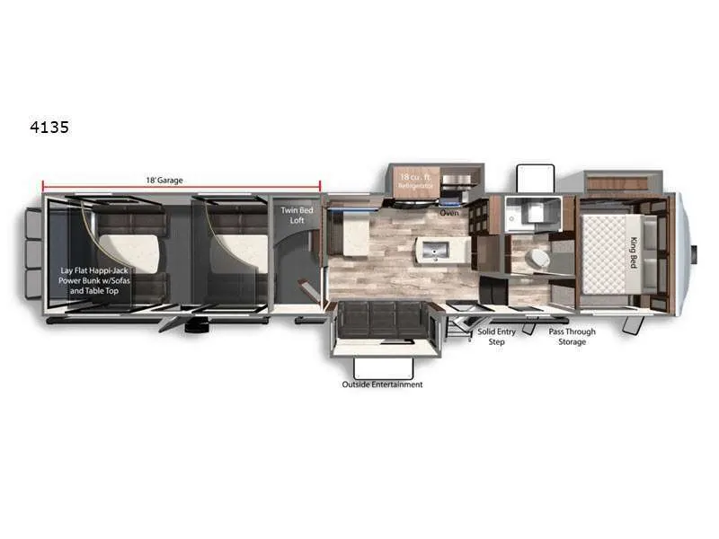 Floor plan of the RV with dinette, living area, kitchen, bathroom and bedroom.