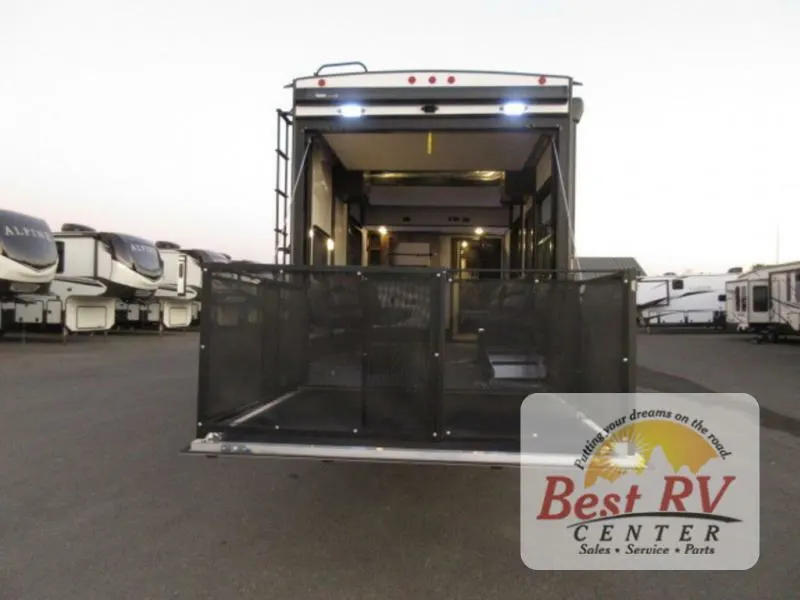 Rear view of the New 2022 Dutchmen Rv Voltage 4135 Fifth Wheel Toy Hauler RV.