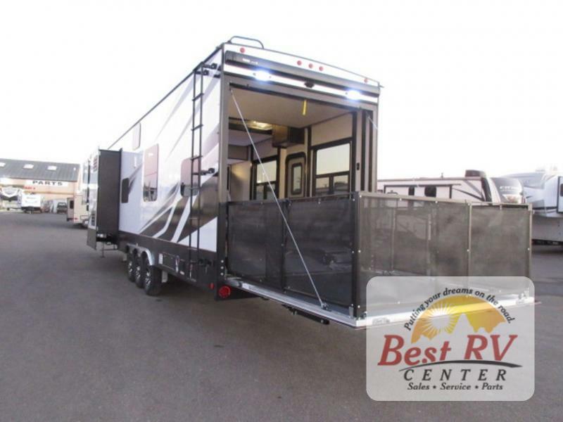 Rear view of the New 2022 Dutchmen Rv Voltage 4135 Fifth Wheel Toy Hauler RV.