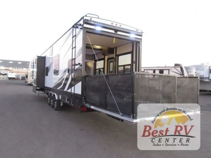 Rear view of the New 2022 Dutchmen Rv Voltage 4135 Fifth Wheel Toy Hauler RV.