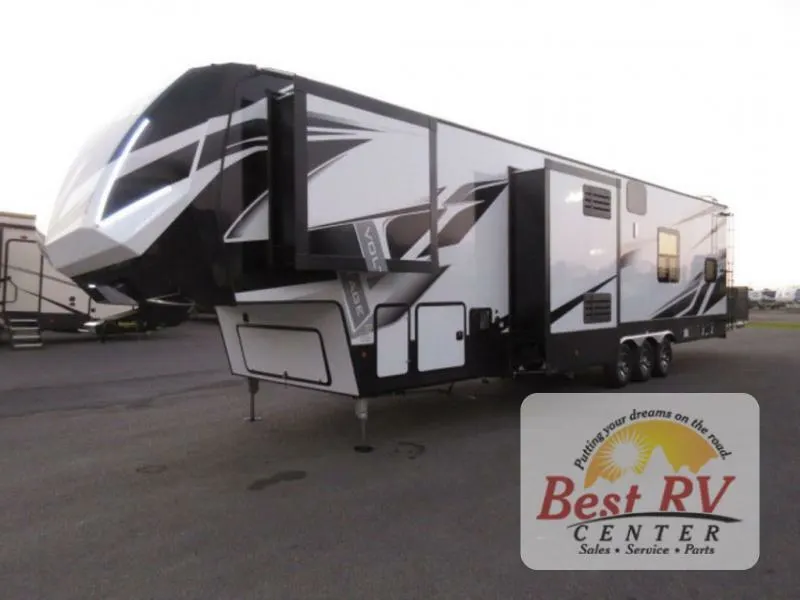 Side view of the New 2022 Dutchmen Rv Voltage 4135 Fifth Wheel Toy Hauler RV.