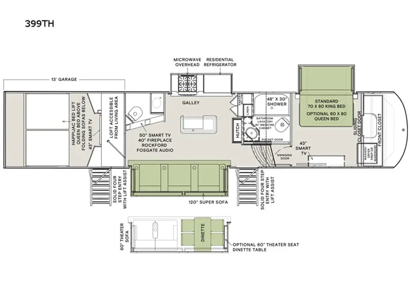 Floor plan of the RV with dinette, living area, kitchen, bathroom and bedroom.