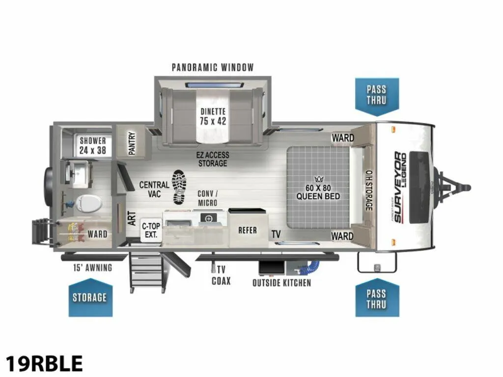 Floor plan of the New 2024 Forest River Surveyor Legend Sub 19RBLE Travel Trailer RV with dinette, living area, kitchen, bathroom and bedroom.