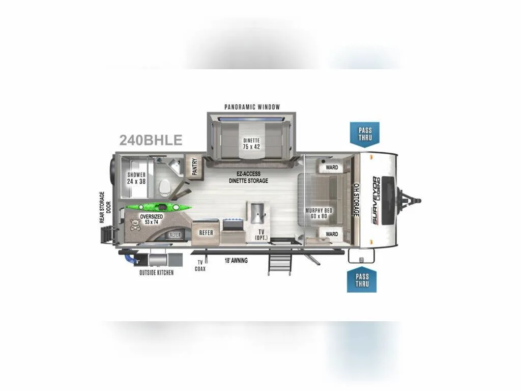 Floor plan of the RV with dinette, living area, kitchen, bathroom and bedroom.