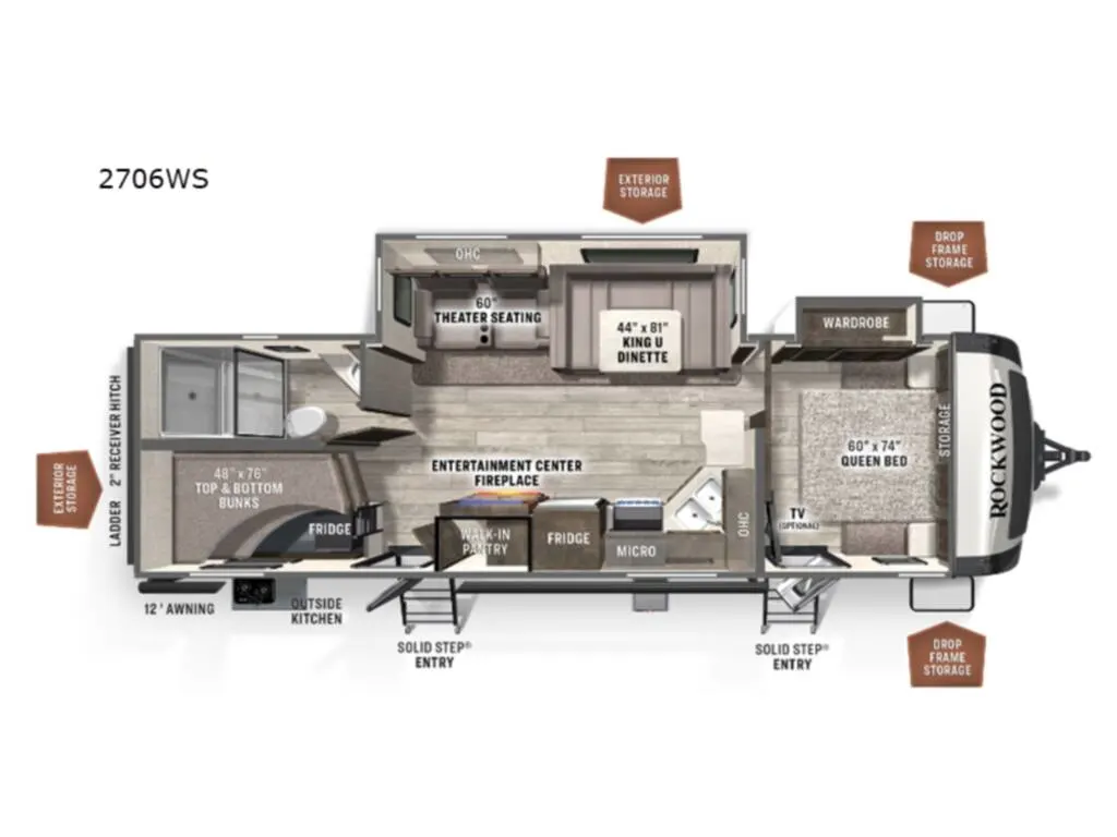 Floor plan of the RV with dinette, living area, kitchen, bathroom and bedroom.