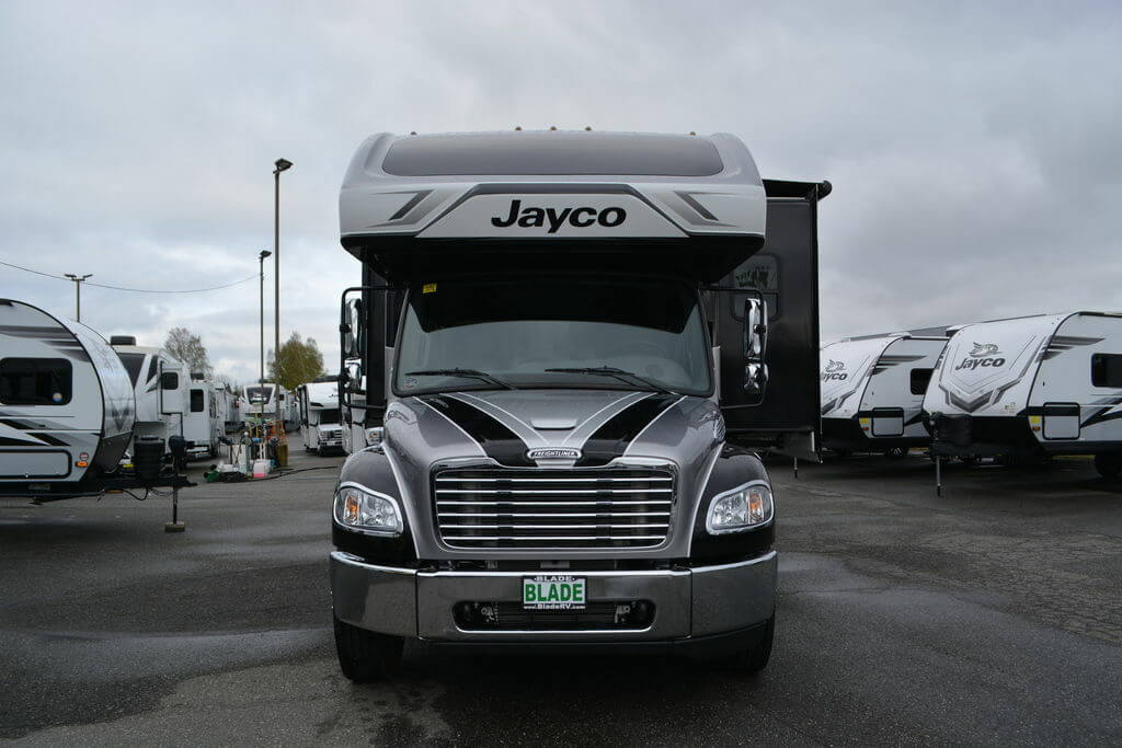 Front view of the 2023 Jayco Seneca 37L Class C RV.