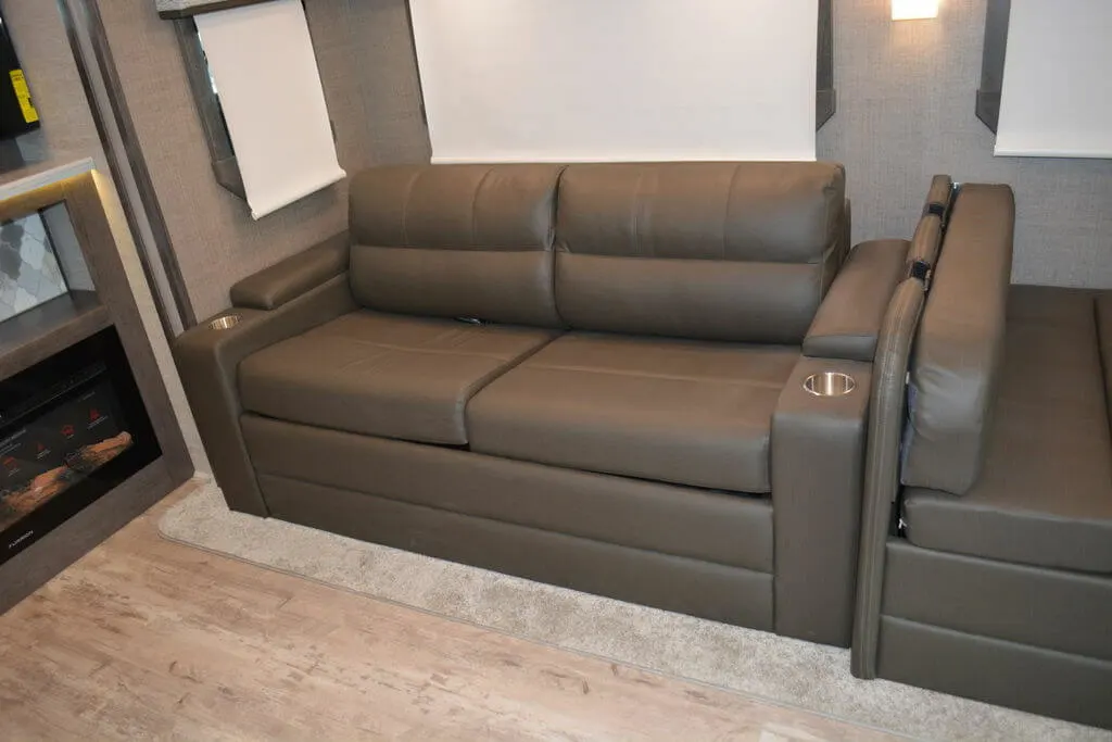 Living area with a leather sofa over a gray rug.