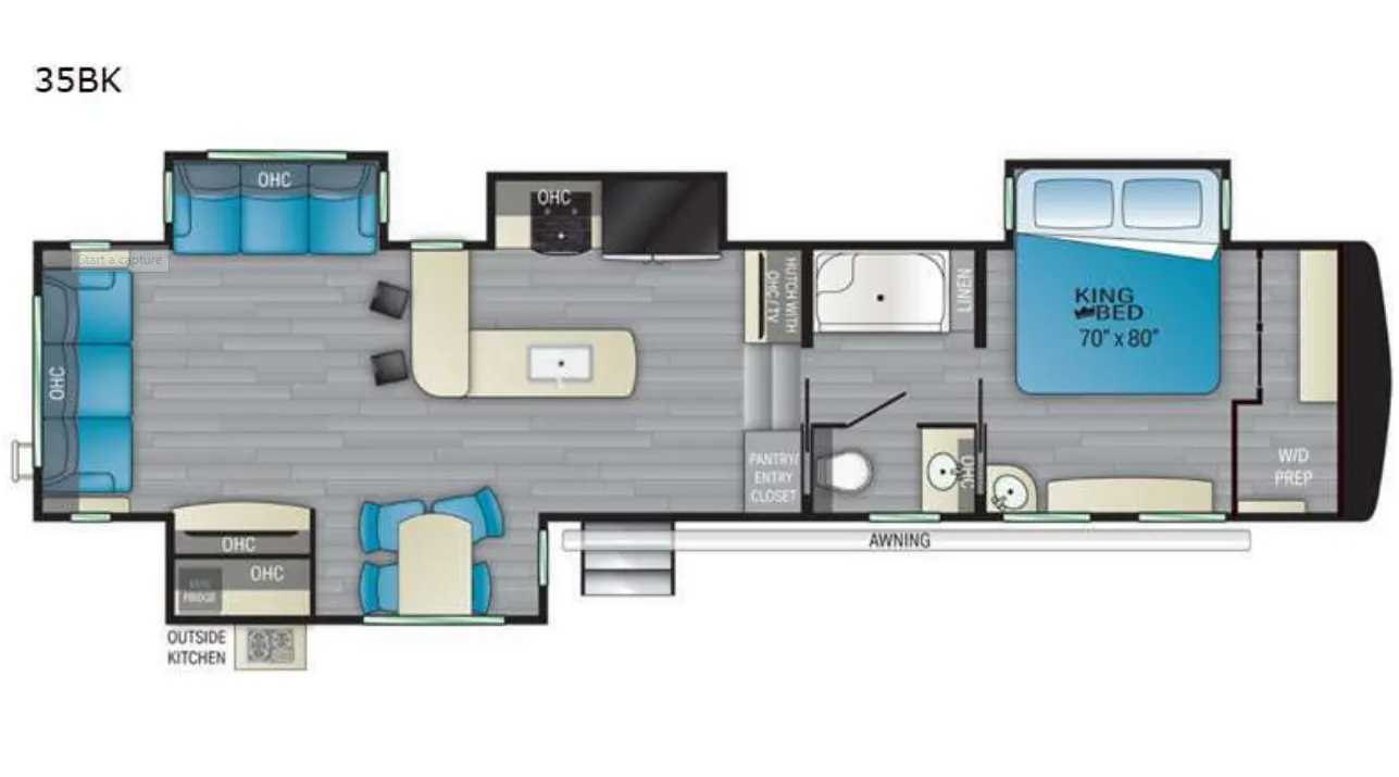 Floor plan of the RV with dinette, living area, kitchen, bathroom and bedroom.