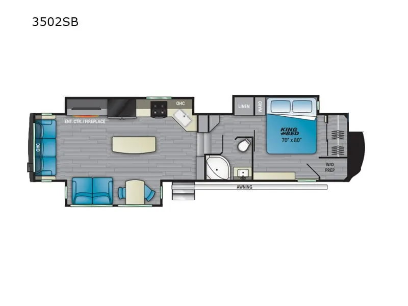 Floor plan of the RV with dinette, living area, kitchen, bathroom and bedroom.