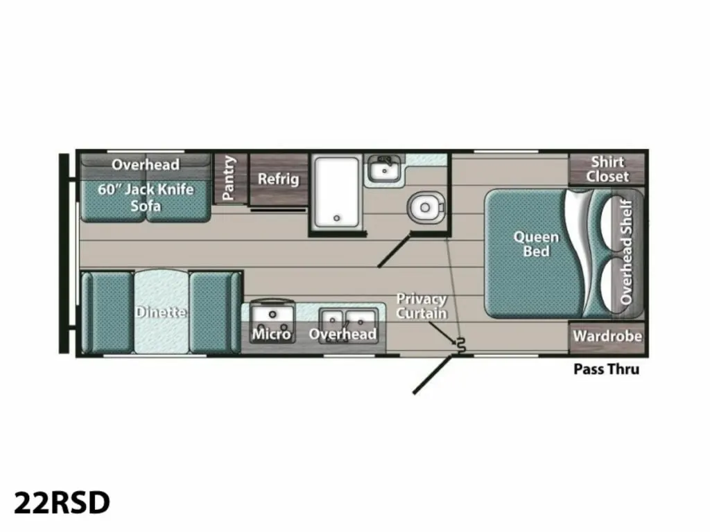 Floor plan of the RV with dinette, living area, kitchen, bathroom and bedroom.