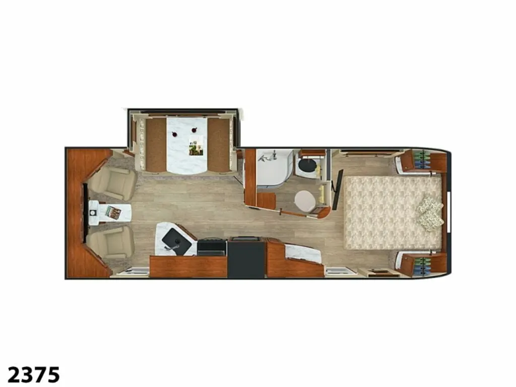 Floor plan of the RV with dinette, living area, kitchen, bathroom and bedroom.