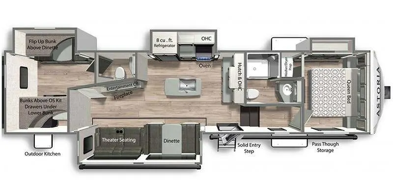 Floor plan of the RV with dinette, living area, kitchen, bathroom and bedroom.