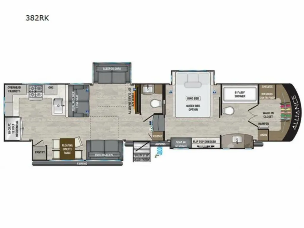 Floor plan of the RV with dinette, living area, kitchen, bathroom and bedroom.