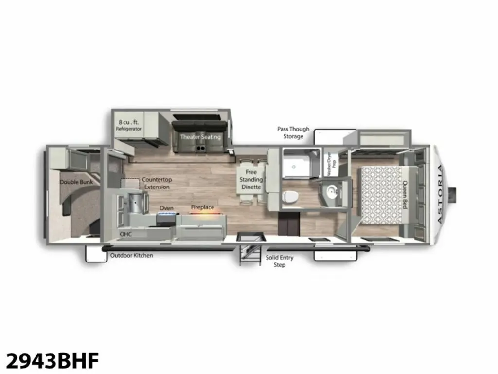 Floor plan of the RV with dinette, living area, kitchen, bathroom and bedroom.