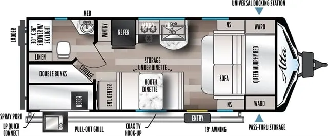 Floor plan of the RV with dinette, living area, kitchen, bathroom and bedroom.