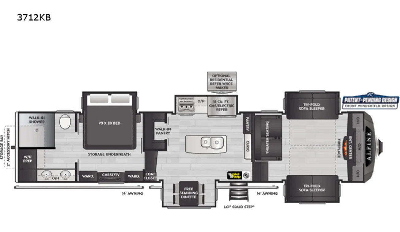 Floor plan of the RV with dinette, living area, kitchen, bathroom and bedroom.