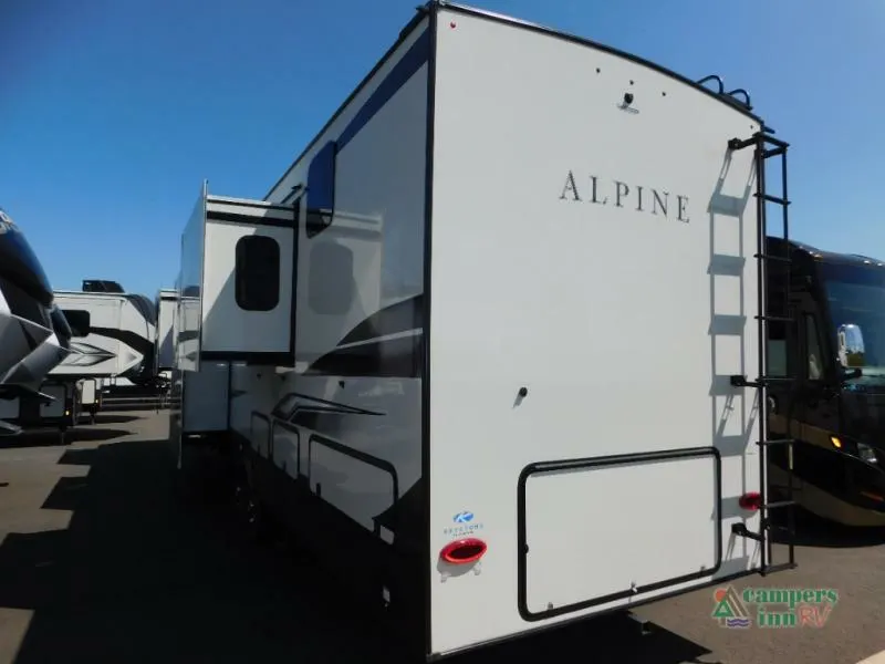 Rear view of the New 2022 Keystone Rv Alpine 3712KB Fifth Wheel RV.