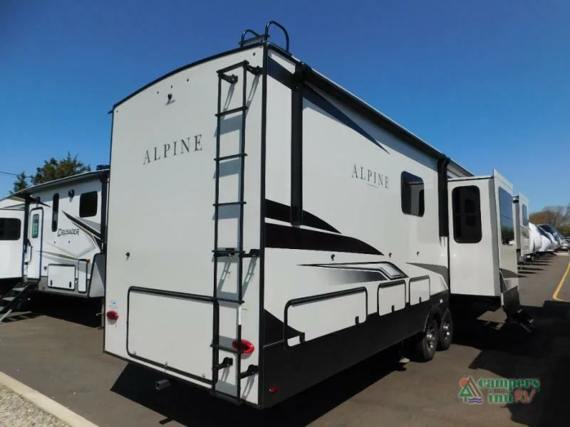 Rear view of the New 2022 Keystone Rv Alpine 3712KB Fifth Wheel RV.