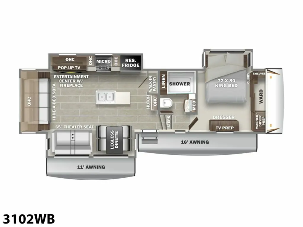 Floor plan of the RV with dinette, living area, kitchen, bathroom and bedroom.