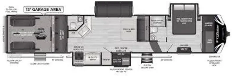 Floor plan of the RV with dinette, living area, kitchen, bathroom and bedroom.