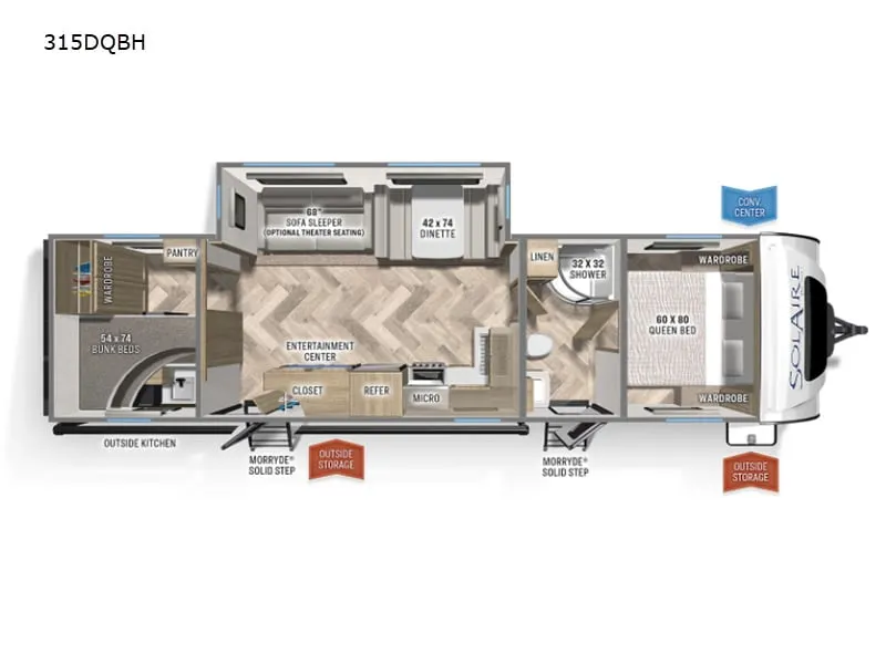 Floor plan of the RV with dinette, living area, kitchen, bathroom and bedroom.