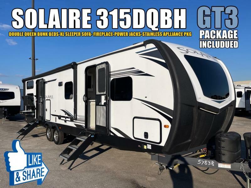 Side view of the New 2022 Palomino SolAire Ultra Lite 315DQBH Travel Trailer RV.