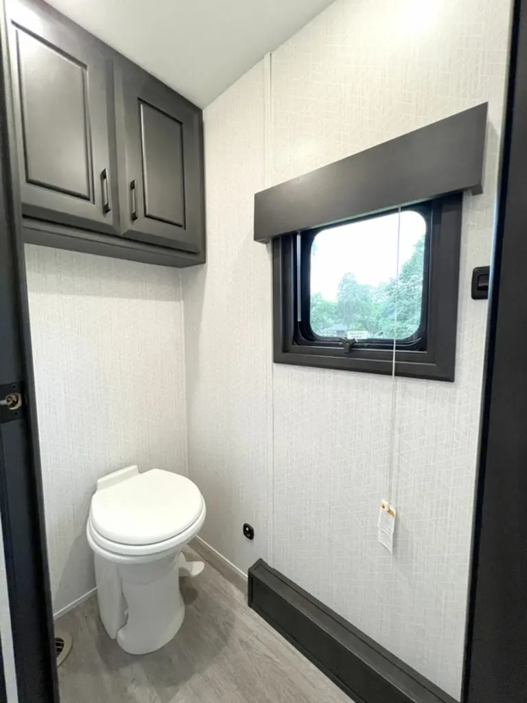 Bathroom with a toilet and a cabinet.