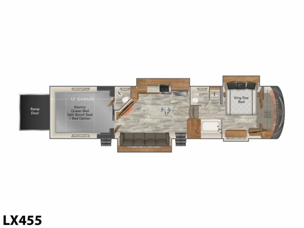 Floor plan of the RV with dinette, living area, kitchen, bathroom and bedroom.