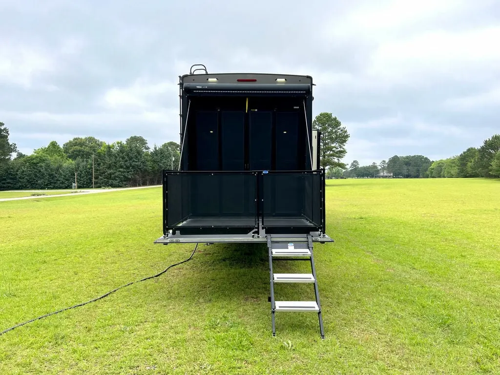 Rear view of the New 2022 DRV Fifth Wheel Fullhouse Full House Luxury LX455 Toy Hauler RV.