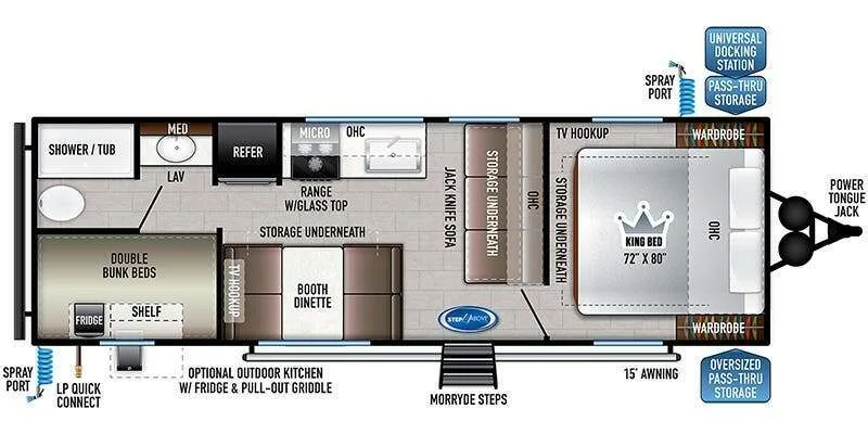 Floor plan of the RV with dinette, living area, kitchen, bathroom and bedroom.