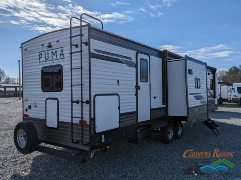 Rear view of the New 2024 Palomino PUMA 32BH2B Travel Trailer RV.