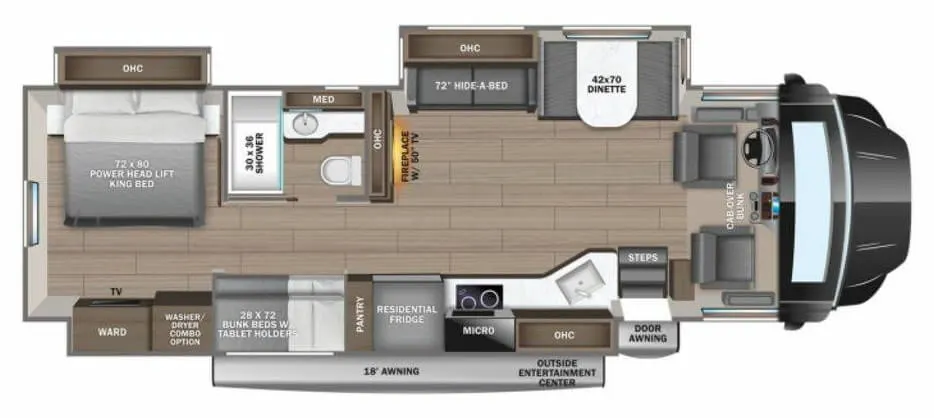 Floor plan of the 2023 Jayco Seneca 37L Class C RV with a living area, dinette, kitchen, bedroom, and a loft bed.